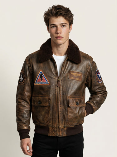 TOP GUN® VINTAGE PREMIUM "TOP HOOK" LEATHER JACKET WITH REMOVABLE MOUTON COLLAR