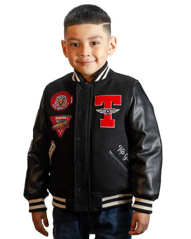 Kids Varsity Jacket-TOP GUN® "MILITARY BROTHERS" VARSITY JACKET-Black-Front