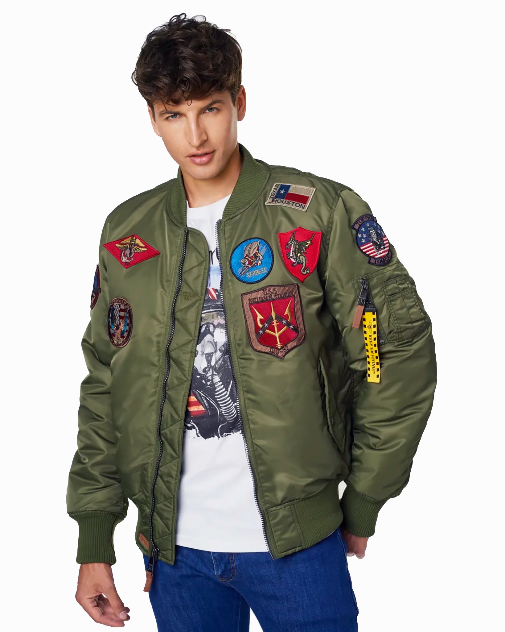 Man wearing the army green version of the Top Gun® MA-1 bomber jacket #color_olive
