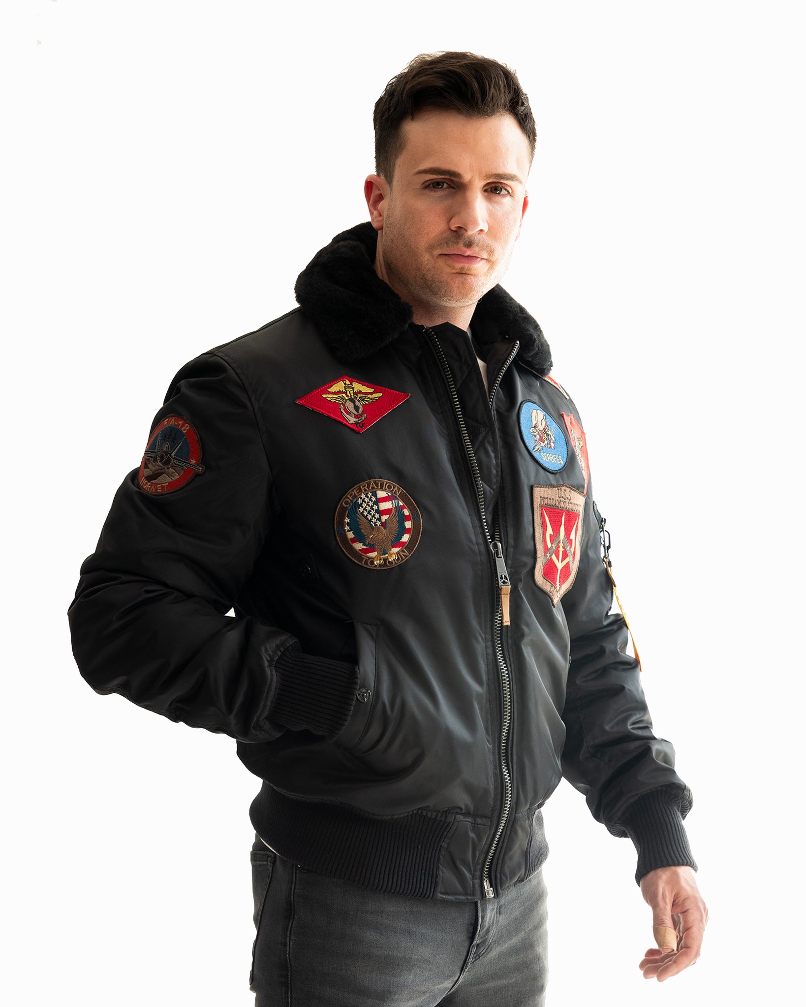 Top Gun Official B-15 Men's Flight Bomber Jacket with Patches Black / L