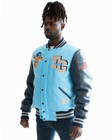 Coats & Jackets  Sky Blue Chest Print Oversize Varsity Jacket