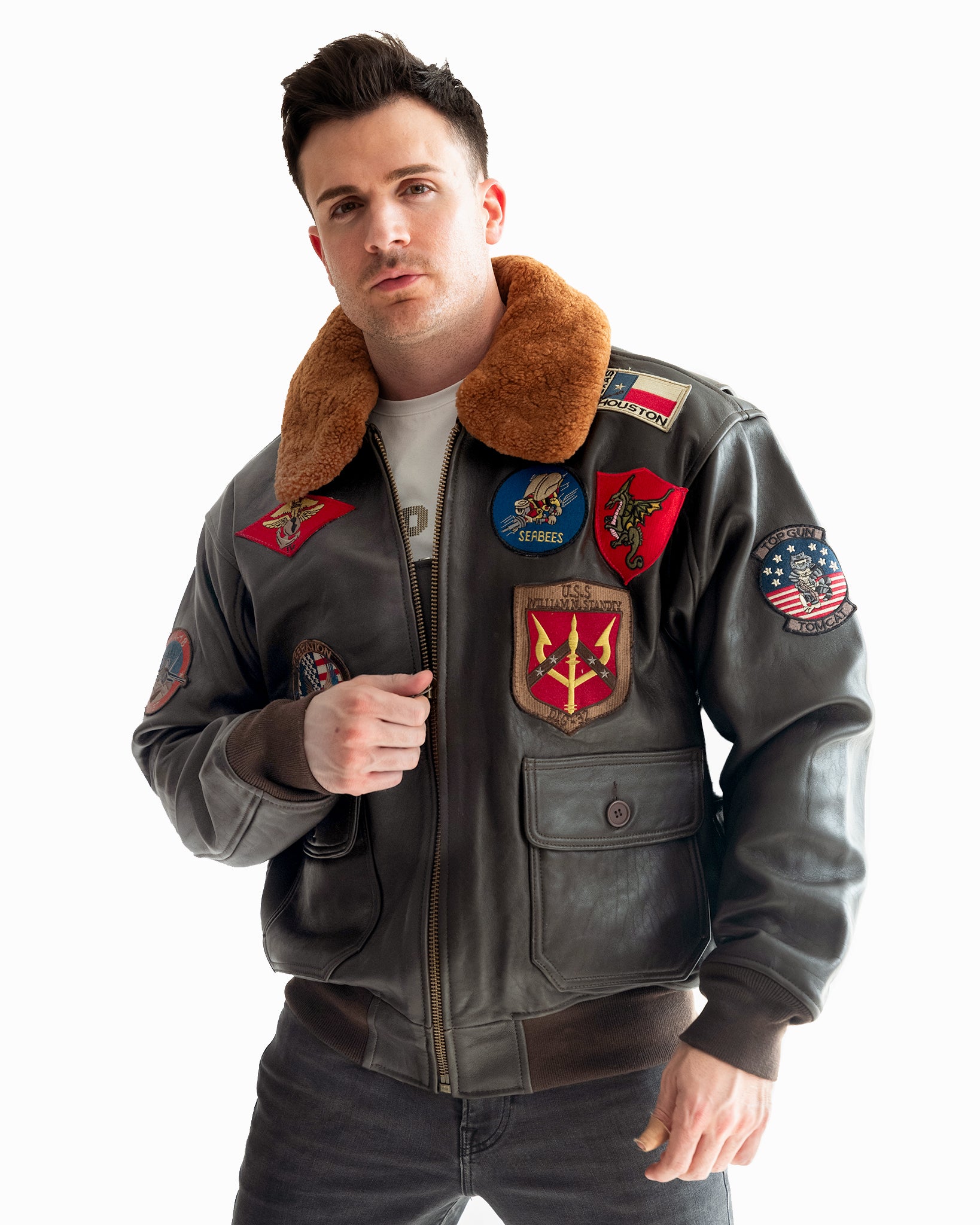 Mens Real Leather US Aviator Air Force Pilot Flying Bomber Jacket Black Fur  Collar-Brown: Buy Online - Happy Gentleman United States