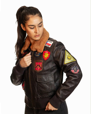 Woman Bomber Jacket by Top Gun® - Luxurious Brown Leather Flight Bomber Design from the Official Collection